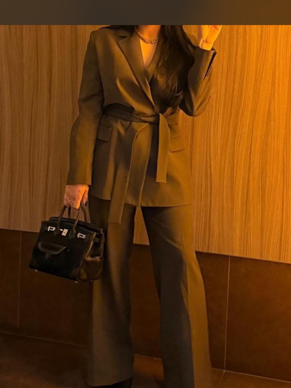 Tailored Belted Women's Blazer & Wide-Leg Pants Set - Olive